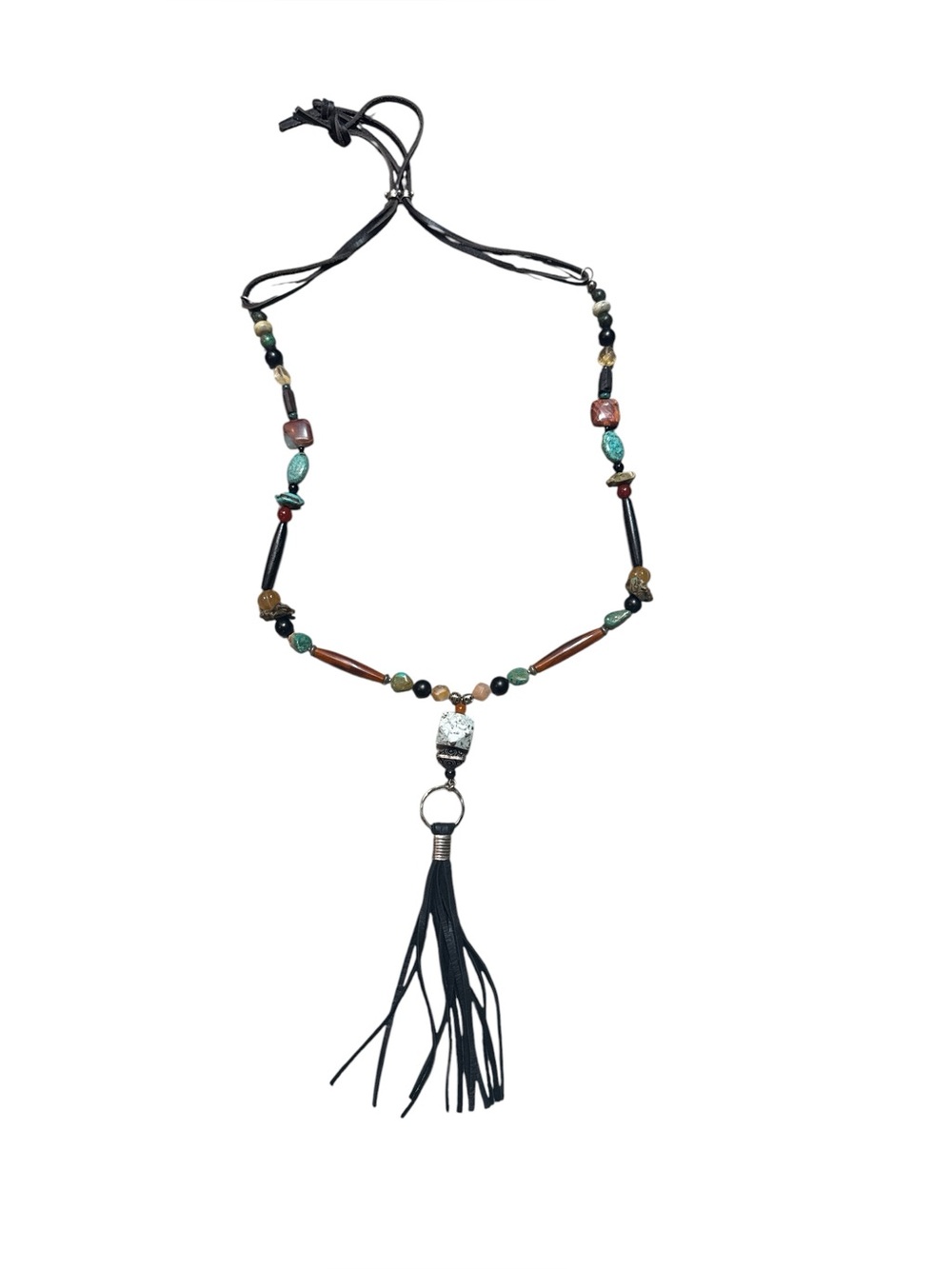 Artisan Southwest Turquoise Buffalo Horn Leather Lariat Tassel Necklace 29-37” - Picture 4 of 7